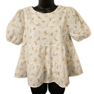 Roolee White Floral Puff Sleeve Baby Doll Blouse Size Medium Like New